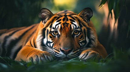 Wall Mural - close-up of malayan tiger reclining among deep green foliage piercing eyes soft golden light cinemat
