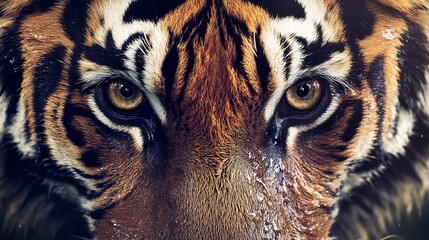 Wall Mural - close-up of tigerâ€™s fierce eyes as rain drips from its whiskers water rippling around powerful paw