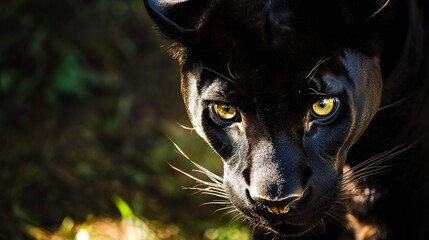 Wall Mural - close-up panther face striking golden eyes deep shadows surrounding sleek black coat cinematic wildl