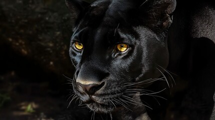 Wall Mural - close-up panther face striking golden eyes deep shadows surrounding sleek black coat cinematic wildl