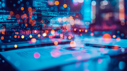 Deep Tech Data Analysis: Futuristic abstract report document with a pen and glowing digital code for  artificial intelligence development