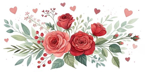  Watercolor Red Roses with Hearts, Floral Art , Love