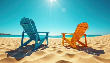 a serene beach scene with two colorful chairs on a sandy shore overlooking a bright blue ocean under