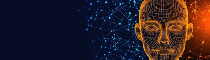Digital head, network background, AI concept, tech banner