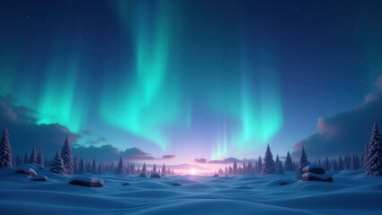 Majestic Aurora Borealis over Snow Covered Winter Forest at Sunrise