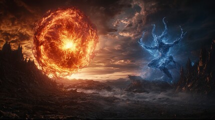 Poster - Celestial battle of light and darkness unfolds in mythical landscape at dusk digital art dramatic viewpoint