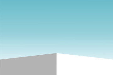 Wall Mural - the corner of the white podium with bright blue sky, blank white product studio background, stage, p