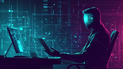 Virtual reality programmer engaged in tech development futuristic office digital art nighttime side view