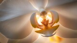 A close-up of a delicate white orchid, soft petals glowing in light
