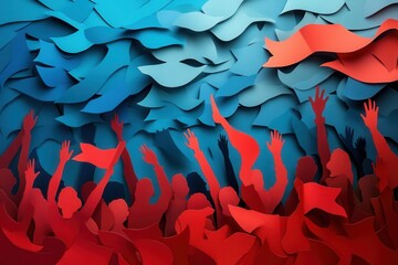 Poster - Powerful paper art depicting a united crowd with raised hands and flags in an inspiring celebration of activism Generative AI