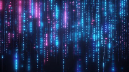 Futuristic digital data rain with glowing binary code falling on a dark background. Abstract cyber network concept featuring neon light particles, large numbers, and technology matrix effect in blue, 