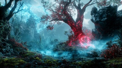 Wall Mural - adventurer explores mystical valley enchanted site fantasy landscape ethereal atmosphere dreamlike v