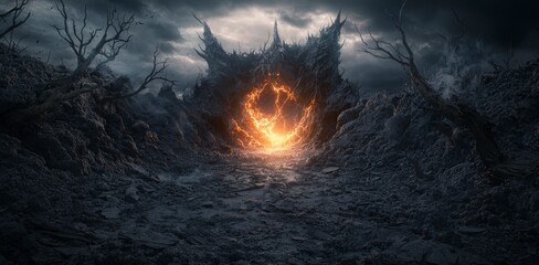 Canvas Print - Demon emerges from rift in space and time fiery landscape digital art dark environment dramatic viewpoint