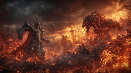 Poster - Epic battle of celestial figure and dragon fiery landscape digital art dramatic atmosphere fantasy concept