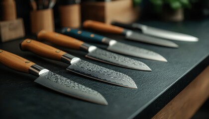 Five Patterned Kitchen Knives on Dark Counter