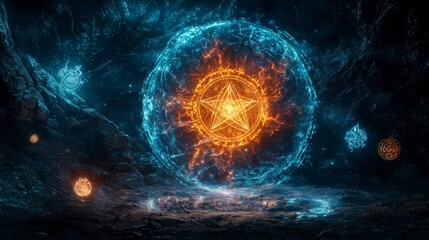 Fototapete - Ancient symbols unleashed mystical dimension digital art fantastical environment surreal viewpoint ethereal concept