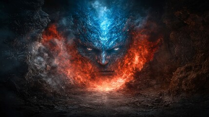 Poster - Celestial figure journeying through fiery elements mythical realm digital art fantasy dramatic perspective epic concept