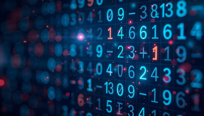 A technology-themed abstract background with randomly arranged coding symbols, binary numbers, and digital icons on a deep blue grid