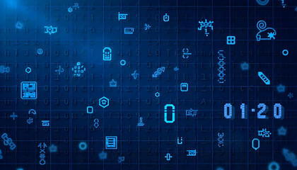 A technology-themed abstract background with randomly arranged coding symbols, binary numbers, and digital icons on a deep blue grid