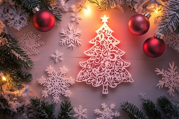 Aufkleber - Beautiful Christmas themed paper cutout featuring a glowing tree and festive ornaments for a cozy holiday spirit Generative AI