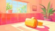 © 斌 张 - VR, A flat illustration of an orange and yellow VR headset on a table, against a pastel pink wall with red tiles, a window showing green plants outside, a light beige floor, vibrant colors, in the st