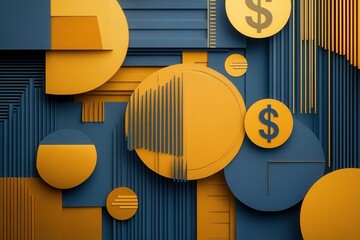 Poster - Sophisticated layered geometric shapes creating a financial growth background with golden and deep blue textures Generative AI