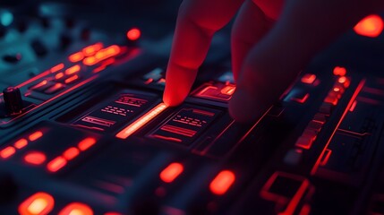 Close up view of a professional setting a new performance benchmark on a futuristic illuminated digital interface panel with various controls buttons and data displays