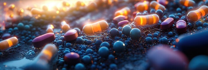 Poster - Surreal landscape crafted from pill structures under dreamlike lighting in a fantastical realm of vibrant colors and detailed realism Generative AI