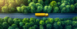 © SemangArt - Yellow truck on road, forest background, aerial view, logistics