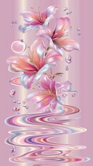 Canvas Print - Pink lilies, water droplets, swirl background; elegant floral design for phone wallpaper