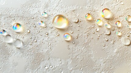 reflective water droplets on textured surface with rainbow light diffraction delicate liquid art
