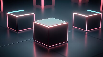 Wall Mural - Neon Light Cubes on Glossy Floor with Futuristic Aesthetic