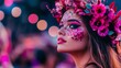 © DigitalArt - Music Festival Attendees concept A woman adorned with colorful makeup and a floral crown, set against a vibrant, blurred background.