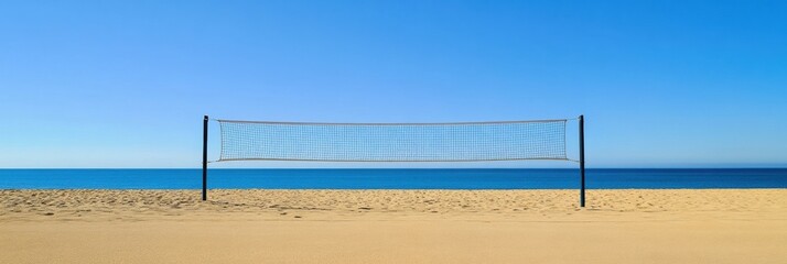 Aufkleber - Serene beach volleyball court with golden sand and deep blue ocean under a clear sky Generative AI