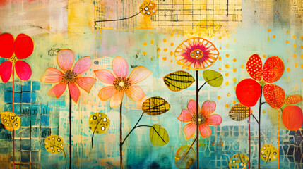 Leinwandbilder - Brightly colored flowers in an abstract style bloom against a textured background filled with artistic patterns and hues