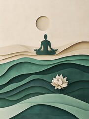 Poster - Serene paper art composition showcasing a meditating figure with a lotus flower in calming green and beige tones Generative AI