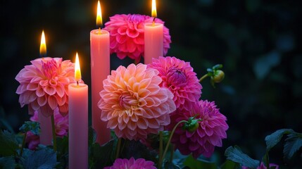 Poster - Glowing candles illuminate vibrant pink dahlias in a tranquil garden. The soft light creates a calming atmosphere as evening approaches