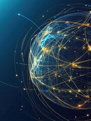 Poster - Abstract design showcases a stylized globe with interconnected lines glowing in blue and gold, creating a futuristic aesthetic of global connectivity