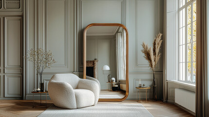 Poster - A stylish living area showcases a cozy, textured chair beside a modern mirror. Sunlight streams through tall windows, enhancing the serene atmosphere