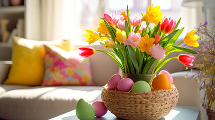 Poster - Bright spring flowers and colorful eggs decorate a cozy living room space for Easter celebrations