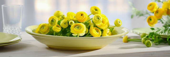 Poster - Bright yellow ranunculus flowers arranged elegantly on a pale green plate in a light-filled dining space during morning hours