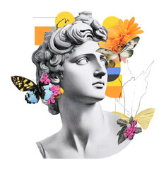 Wall Mural - png paper collage of fashion greek sculpture thinking butterflies portrait colorful.