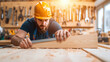 © NanisHappy - carpenter measuring wooden plank in workshop, focused on precision. warm light enhances craftsmanship atmosphere, showcasing tools and wood shavings