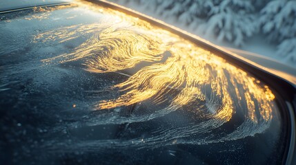 Poster - Close-up of glowing frost patterns forming on a car windshield illuminated by soft morning light, cinematic intricate winter artistry