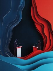 Poster - Engaging political debate with layered paper art and dynamic silhouettes creating an energetic backdrop for discussion Generative AI