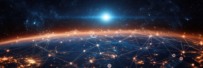 Poster - Vibrant cosmic landscape featuring interconnected planets and symbols illuminated by glowing lines against a deep blue nebula backdrop