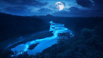 Aufkleber - Aerial view of glowing bioluminescent rivers flowing through a tropical jungle under the light of a full moon, cinematic surreal harmony