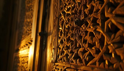 Aufkleber - Close-up of glowing intricate carvings on a traditional wooden door illuminated by warm natural light, cinematic cultural artistry