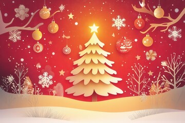 Aufkleber - Festive paper cutout featuring a glowing Christmas tree and ornaments celebrating the holiday spirit Generative AI