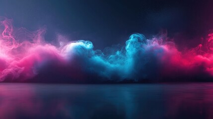 Poster - pink blue neon smoke clouds reflect on dark floor, digital art, background